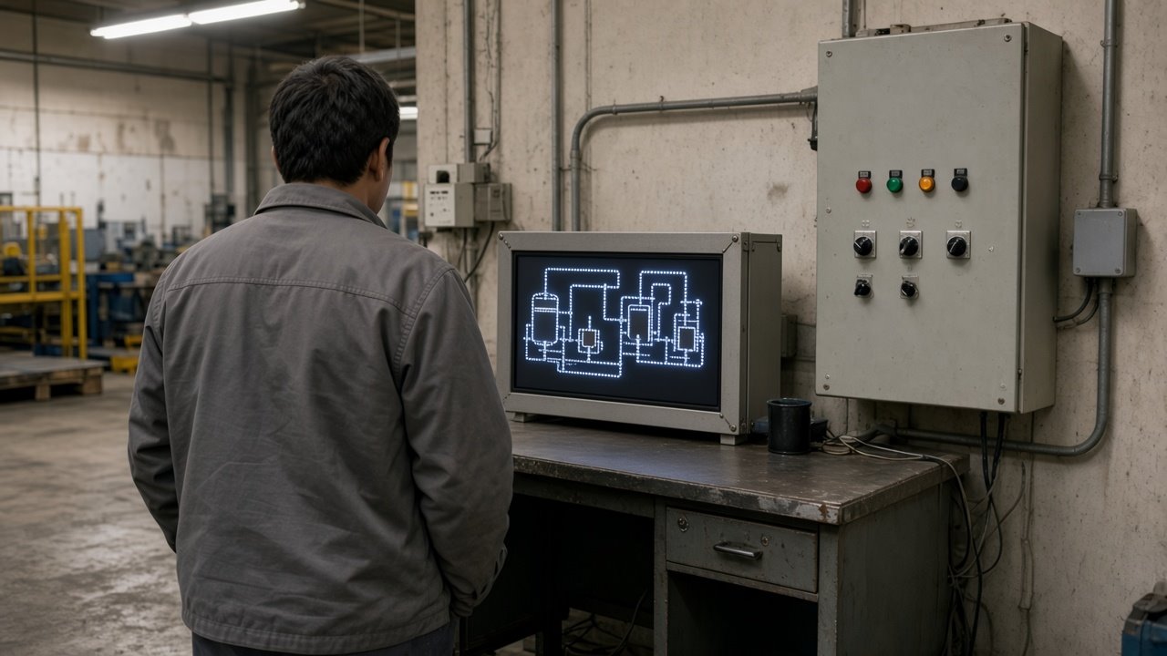 工廠裡，人員看著設備與控制畫面